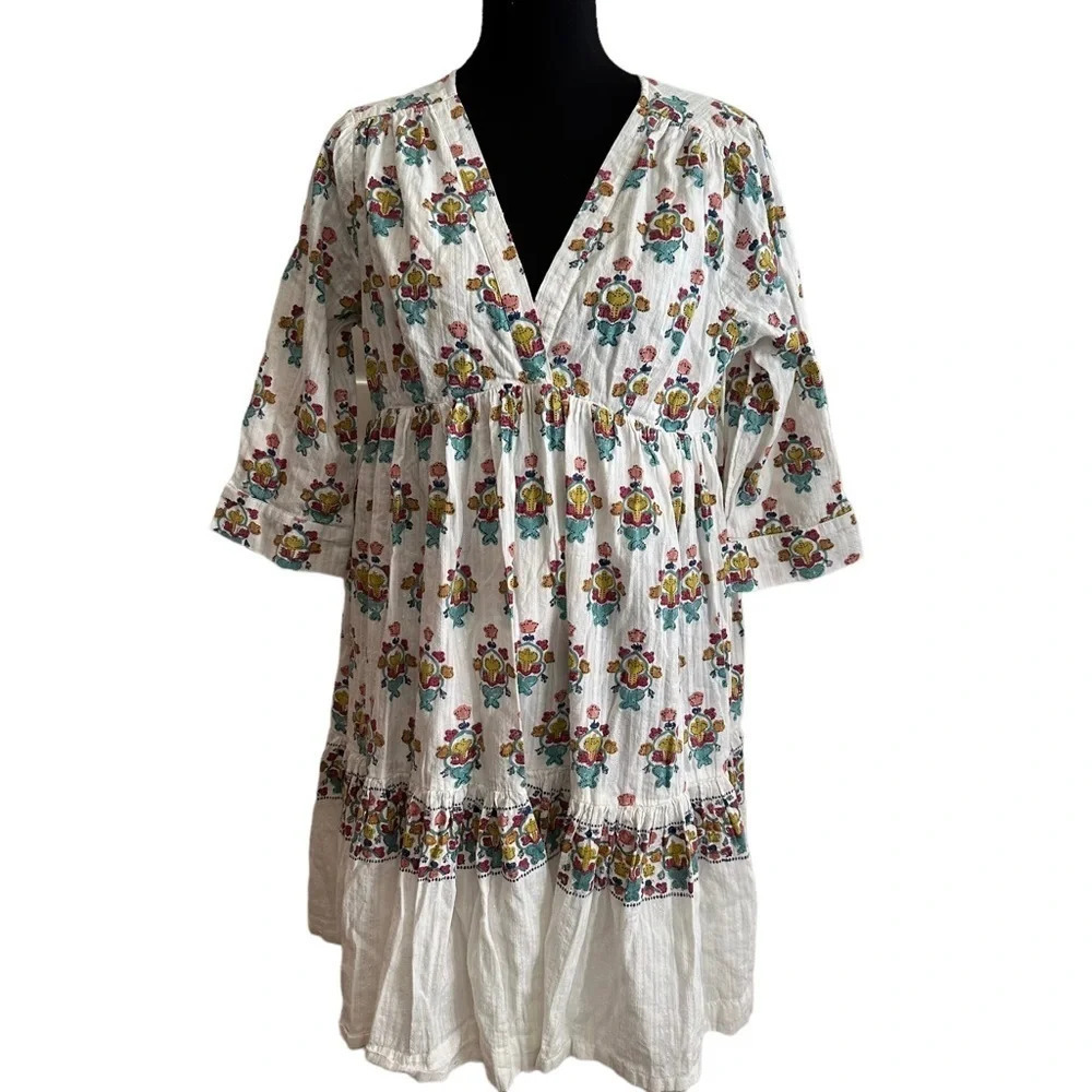 Flawed Roller Rabbit size Small V Neck Floral Babydoll Dress Metallic Summer